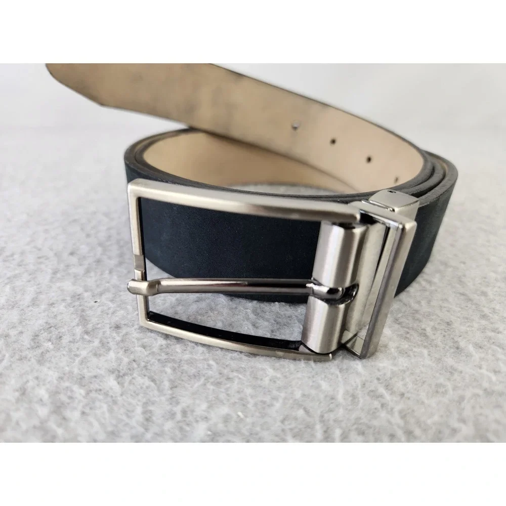 1901‎ Nordstrom Men's Black Suede Leather Belt Sz 38 Brass Silver Buckle Brazil